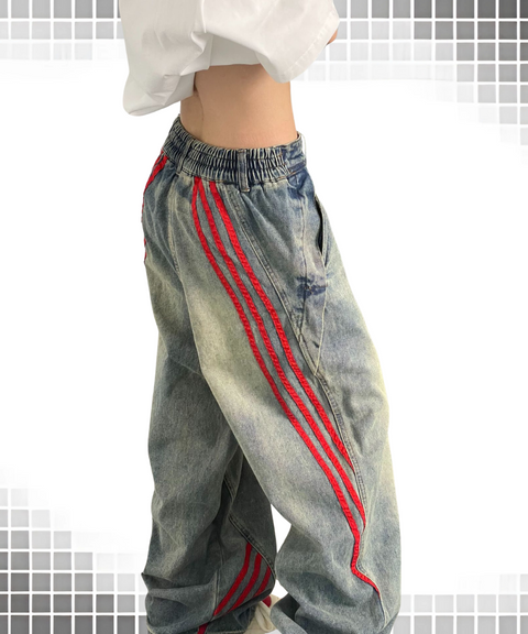 Loose fit scimitar striped washed jeans