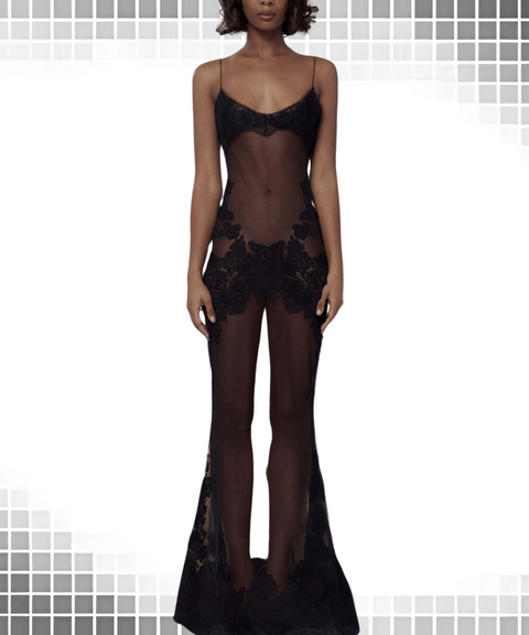 Mesh Embroidered Suspender Long Skirt