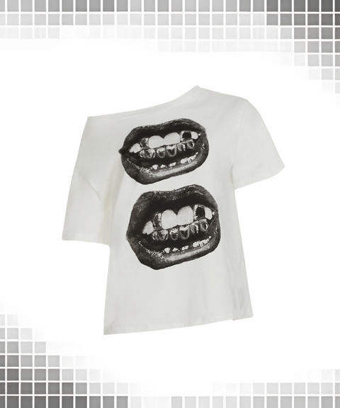 Lip print large neckline short sleeve top
