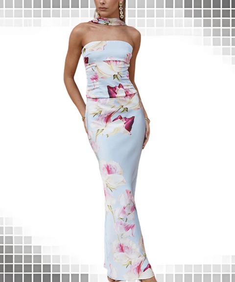 Polka dot print tube top skirt set