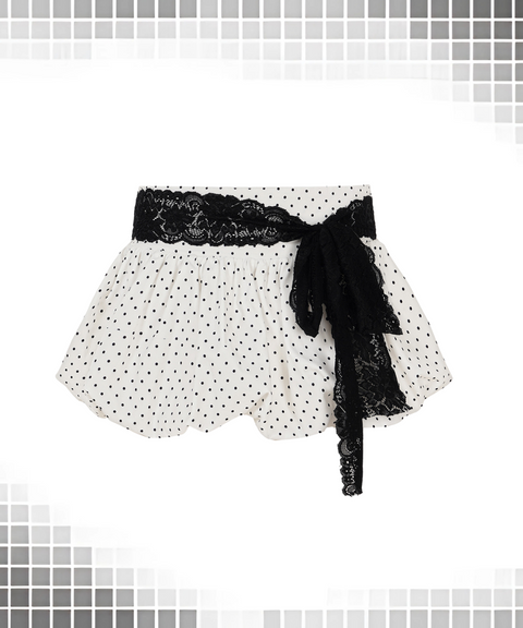 Polka Dot Lace Tie-Up Ruffle Mini Skirt