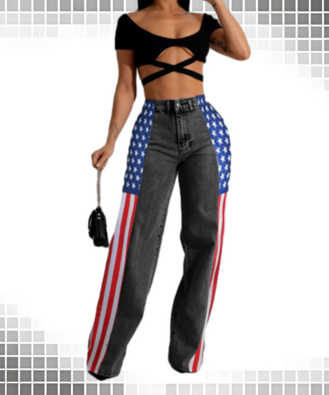 American Flag Print Stretch Wide-Leg Casual High-Waist Straight Jeans