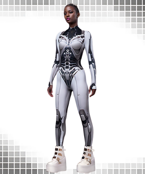 Mechanical Pattern Print Stretch Long-Sleeve Bodysuit