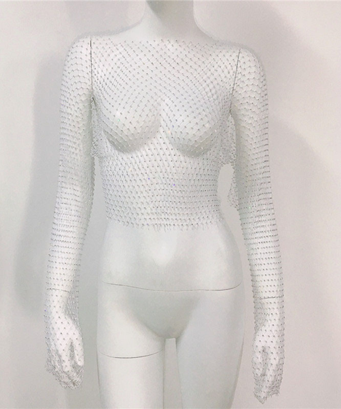 Sexy rhinestone long-sleeved top