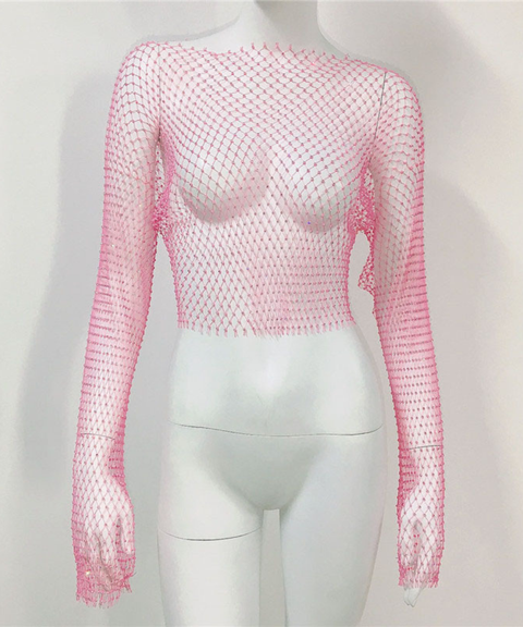 Sexy rhinestone long-sleeved top