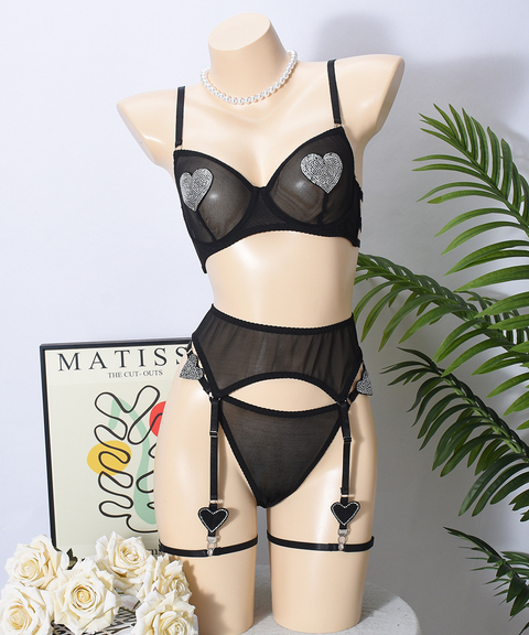 Women's Sexy Clothing, Mesh sexy heart-shaped rhinestone lingerie 3-piece set, Nightout, OOTD