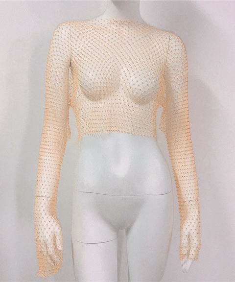 Sexy rhinestone long-sleeved top