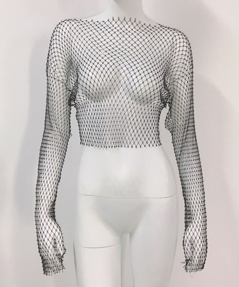 Sexy rhinestone long-sleeved top