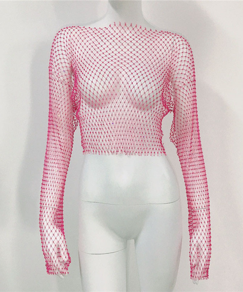 Sexy rhinestone long-sleeved top