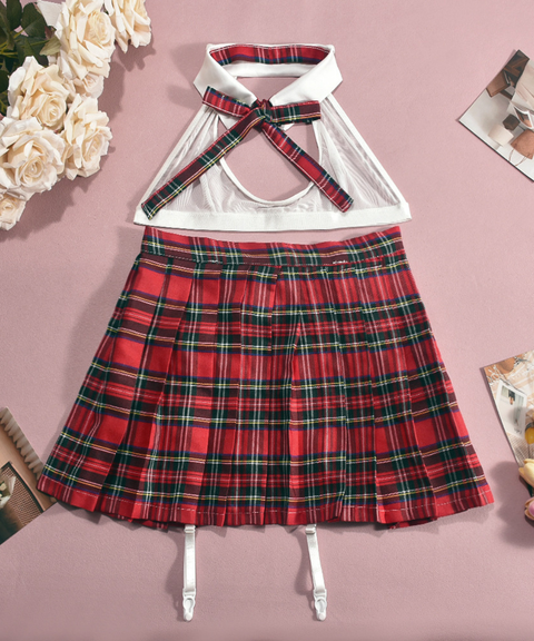 Women's Sexy Clothing, Plaid pleated skirt lingerie multi-piece set