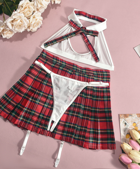 Women's Sexy Clothing, Plaid pleated skirt lingerie multi-piece set