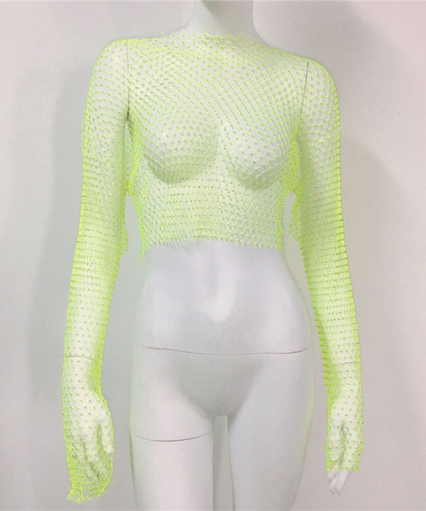 Sexy rhinestone long-sleeved top